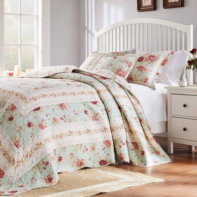 Blue Cotton Reversible Queen Bedspread Set with Floral Print