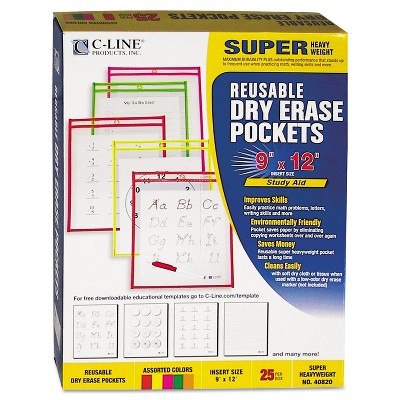 C-line Reusable Dry Erase Pockets 9 X 12 Assorted Neon Colors 25