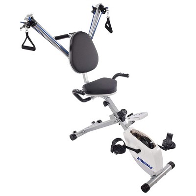 Stamina Strength System Stationary Portable Magnetic Resistance Upper and Lower Body Training Exercise Bike with Elastic Bungee Cords, White/Blue