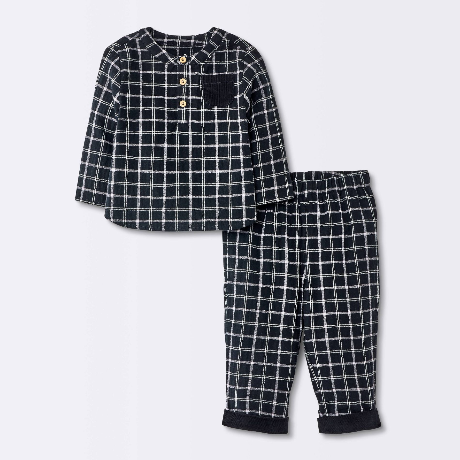 Baby Boys' Plaid Pocket Long Sleeve and Pants Set - Cloud Island™ Black