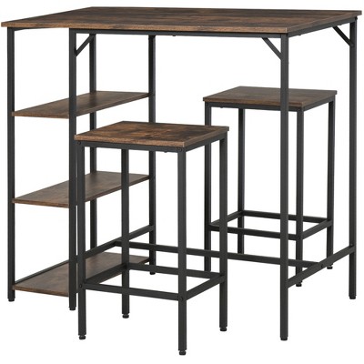 HOMCOM Industrial 3 Piece Dining Table Set, Counter Height Bar Table and Chairs Set, Kitchen Bistro Table Set with Storage Shelf and Stools, Brown