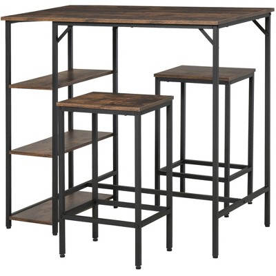 HOMCOM 3 Piece Counter Height Dining Table Set Bistro Table Set Kitchen Bar Table and Chairs Set with Storage Shelf Dining Room Industrial and Stools