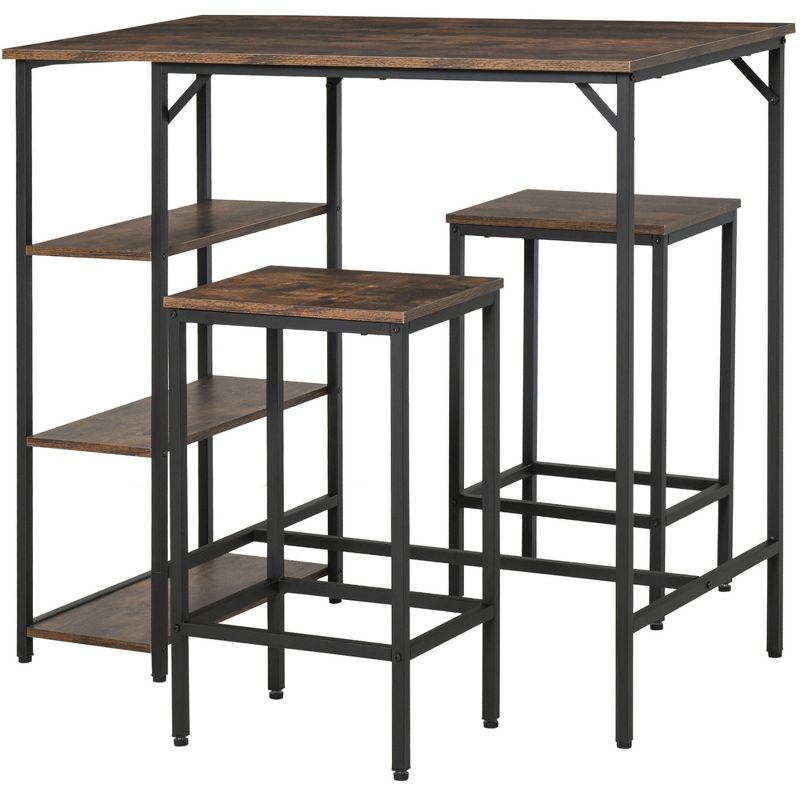 HOMCOM Industrial 3 Piece Dining Table Set, Counter Height Bar Table and Chairs Set, Kitchen Bistro Table Set with Storage Shelf and Stools, Brown, 1 of 10