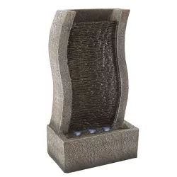 Freestanding Stone Wall Fountain - Modern 19-Inch Indoor and Outdoor Decorative S-Shaped Polyresin Waterfall with LED Lights by Pure Garden (Silver)