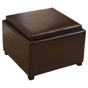 Wellington Leather Tray Top Storage Ottoman Brown - Christopher Knight Home