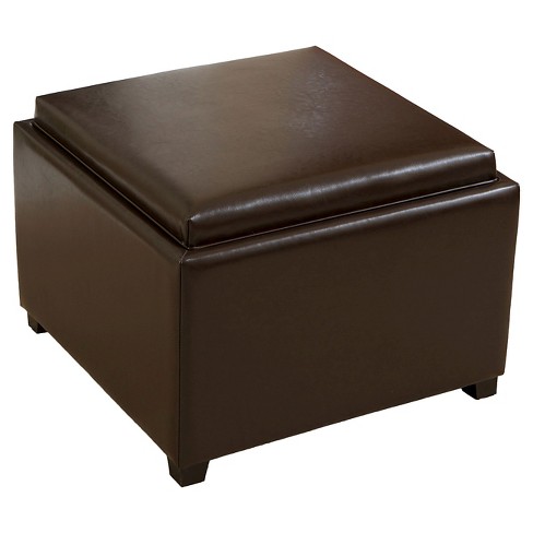 Wellington Leather Tray Top Storage Ottoman Brown - Christopher Knight Home - image 1 of 4
