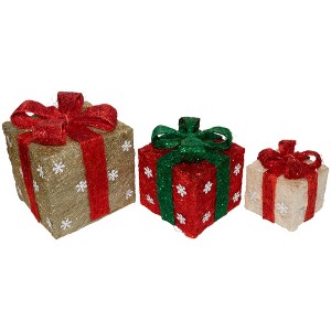 Northlight Lighted Gift Boxes Christmas Outdoor Decorations - 10" - Red and Gold - Set of 3 - 1 of 4