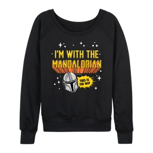 Women's - Star Wars - The Mandalorian Im With Mando Lightweight French Terry Wide Neck Long Sleeve Graphic Shirt - 1 of 4