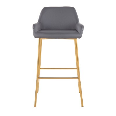 Set of 2 Gold Metal and Gray Faux Leather Bar Stools