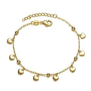 Kids 14K Yellow Gold-Plated Beaded Heart Charm Station Bracelet, adjustable with an extension chain for a customizable fit and elegant style. - 1 of 3