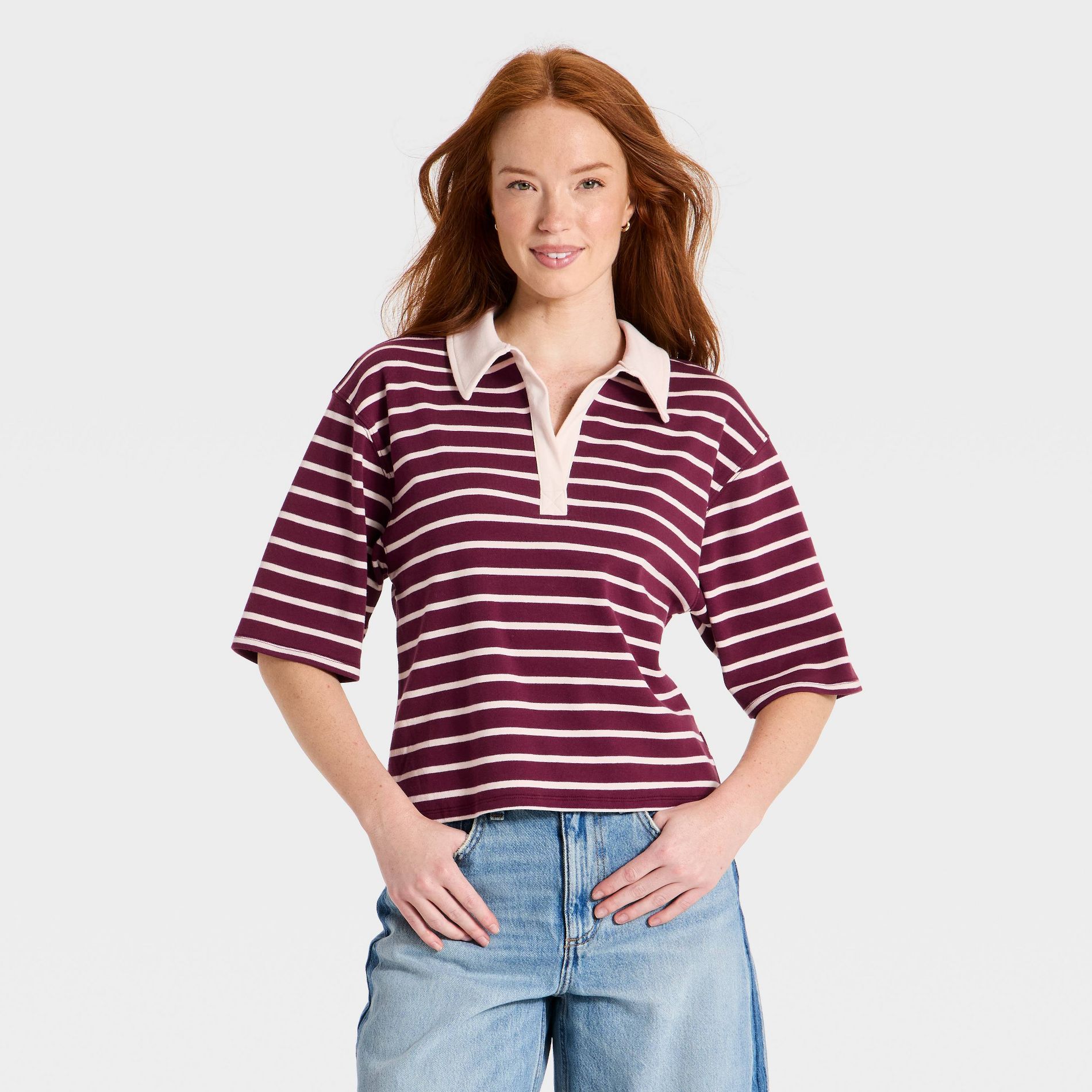 Women's Polo Striped Top - Universal Thread™ Burgundy M