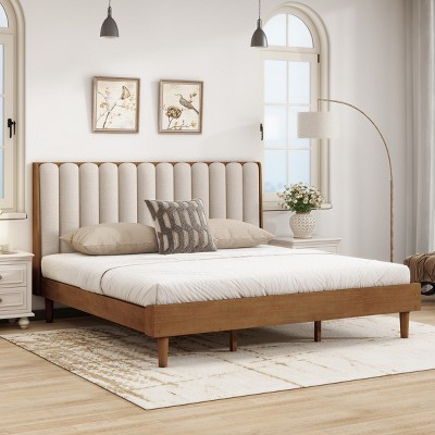 Modern Bed Frame with Upholstered Headboard, Sturdy Platform Bed Frame with Solid Wood Legs for Bedroom – The Pop Home