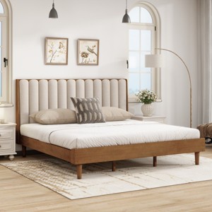 Modern Bed Frame with Upholstered Headboard, Sturdy Platform Bed Frame with Solid Wood Legs for Bedroom – The Pop Home - 1 of 4