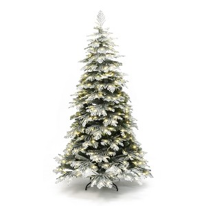 LuxenHome 6Ft Pre-Lit Flocked Artificial Spruce Christmas Tree with Metal Stand Green - 1 of 4