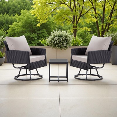 3-Piece Outdoor Patio Rattan Conversation Swivel Chairs Set with 2 Swivel Chair and Coffee Table