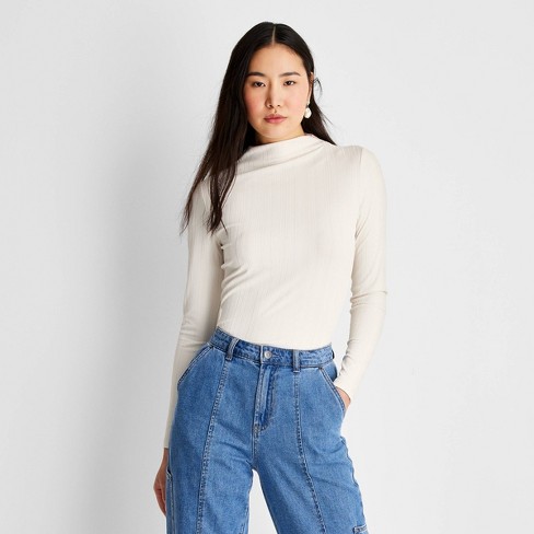 Women's Long Sleeve Mock Neck Textured Shirt - Future Collective™ with  Reese Blutstein Off-White XXS