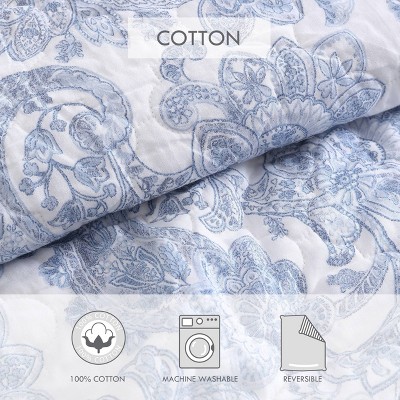 Blue Paisley Cotton Twin Quilt Set with Shams