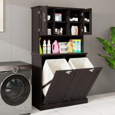 GlasFlength Decorative Storage Cabinet 2-Compartment Tilt-Out Laundry Basket with 2 Shelves, for Bathroom and Laundry, Black, 32.68"*14.57"*59.96"