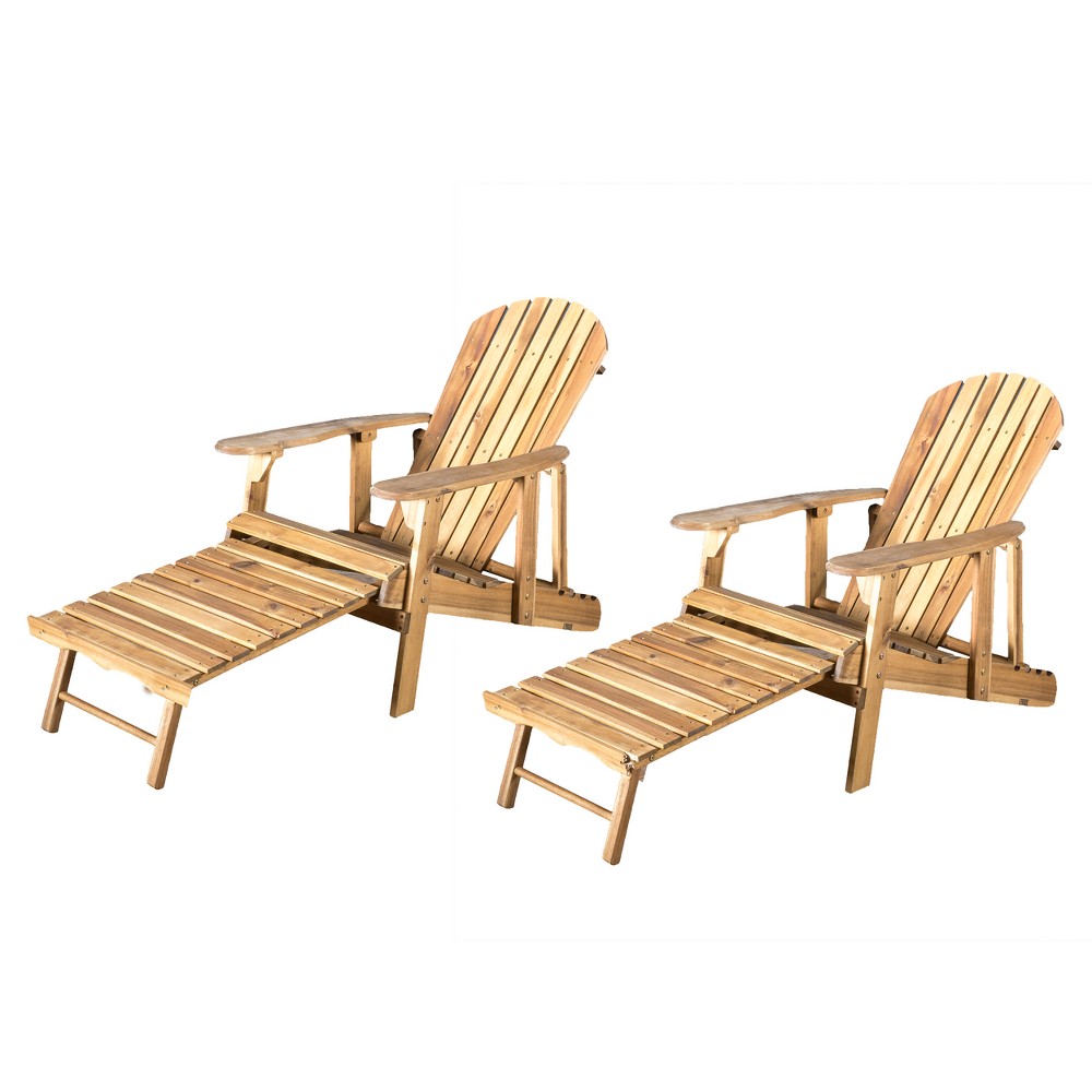Hayle 2pk Wood Reclining Adirondack Chair with Footrest - Natural - Christopher Knight Home: Outdoor Seating Patio Furniture Set