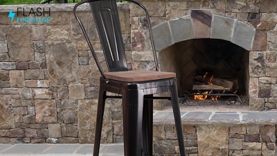 Rustic Bistro-Style Black Metal and Brown Wood Barstool