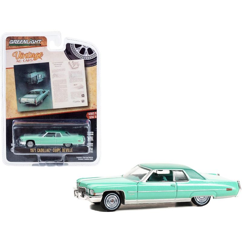 1971 Cadillac Coupe deVille Light Green Met w/Green Interior "Vintage Ad Cars" Series 9 1/64 Diecast Model Car by Greenlight, 1 of 4