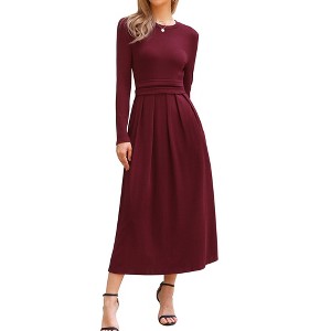 INSPIRE CHIC Women's High Waist Pleated Front Long Sleeve A-Line Ribbed Knitted Maxi Dress - 1 of 4