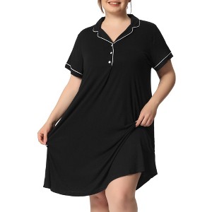 Women's Plus Size Lapel Short Sleeve Button Down Lounge Midi Nightgown - Agnes Orinda - 1 of 4