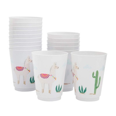 Sparkle and Bash 16 Packs Reusable Party Cups, Llama Cactus Plastic 9 oz Cup for Kids Birthday Parties, White