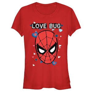Juniors Womens Marvel Spider-Man Candy Heart Love Bug T-Shirt - 1 of 4
