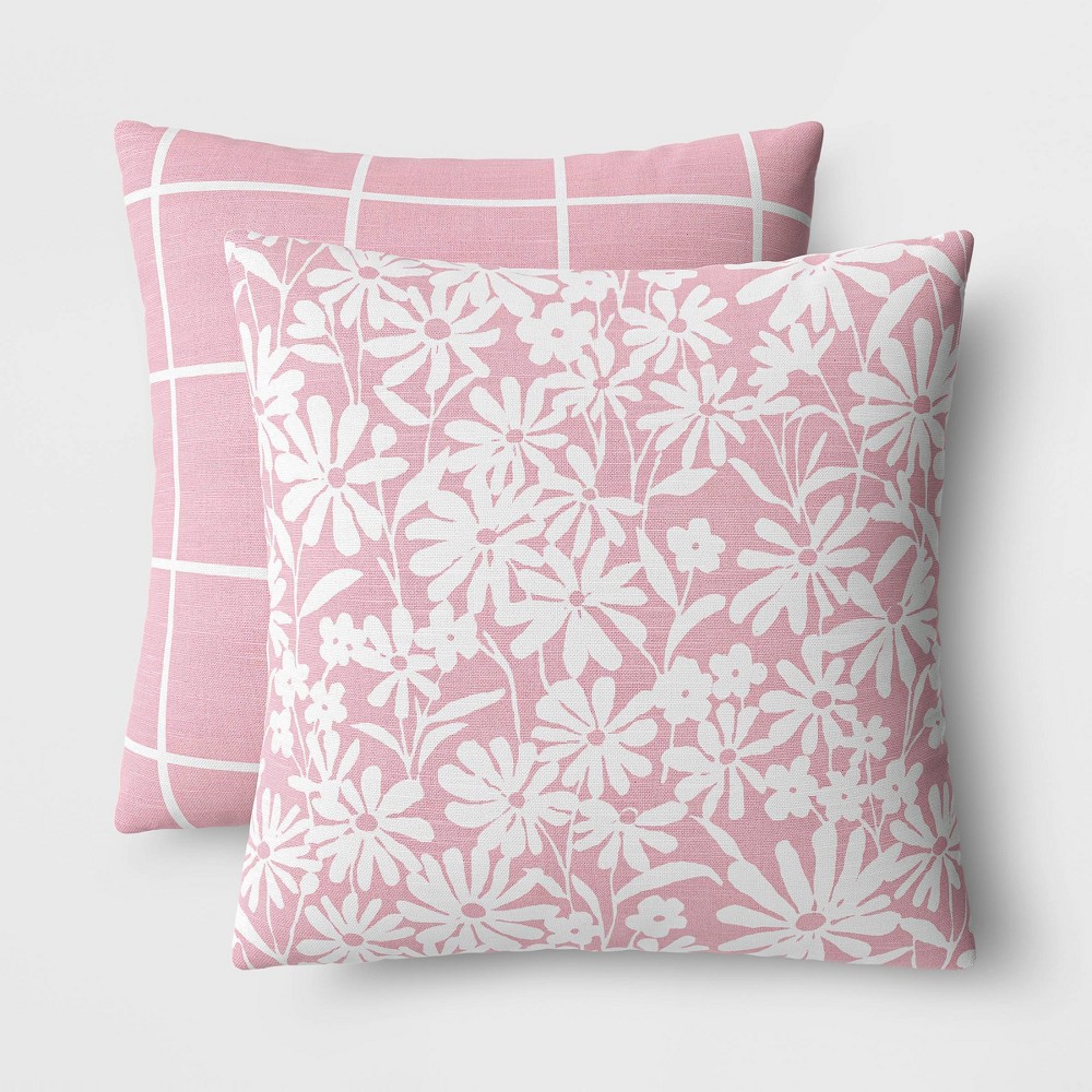 Photos - Pillow 2pk Daisy and Grid Printed Woven Cotton  Pink - Room Essentials™