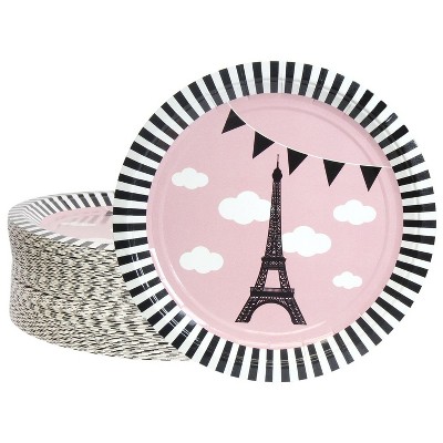 Blue Panda Disposable Plates - 80-Count Paper Plates, Paris or French Theme Party Supplies, Eiffel Tower, 9"