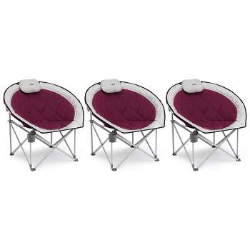 CORE Oversized Padded Round Saucer Moon Folding Chair w/Headrest for Camping, Sporting Events, Outdoor/Indoor Space, Wine (3 Pack)
