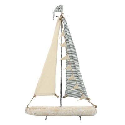 Decorative Metal Sailboat Figurine with Fabric Sails 27" Ivory and Blue Coastal Accent for Home or Office