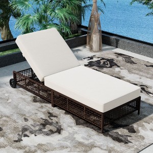 2 Wheeled Rattan Chaise Lounges: 5-Position Backrest, Cushions, Ideal for Garden/Outdoor Areas - 1 of 4