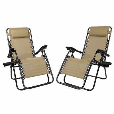 Sunnydaze Fade-Resistant Folding Outdoor Zero Gravity Lounge Chair with Pillow and Cup Holder - Khaki - 2-Pack