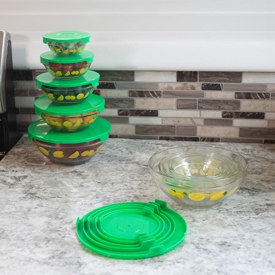 20-Piece Lemon Design Glass Bowls with Green Lids Set