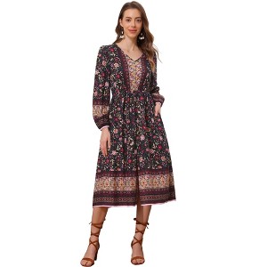 Allegra K Women's Floral Long Sleeve V Neck Elastic Waist Split A-Line Midi Dress - 1 of 4