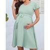 Maternity Swiss Dot Dress Summer V Neck Casual Short Sleeve Flowy Midi Dress Belt Photoshoot Baby Shower - 2 of 4