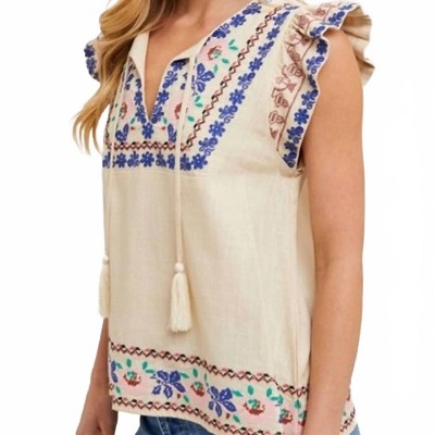 Women's Boho Embroidered Ruffled Sleeve Tasseled Drawstring Top Linen Blend - BluIvy S