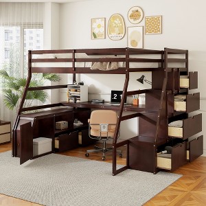 NicBex Full Size Loft Bed with Desk Pine Bed Frame with 2 Shelves, 7 Drawers, Stairs and Full Length Guardrail, No Box Spring Required - 1 of 4