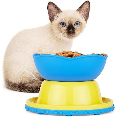 Yellow and Blue Elevated Slow Feeder Bowl for Cats