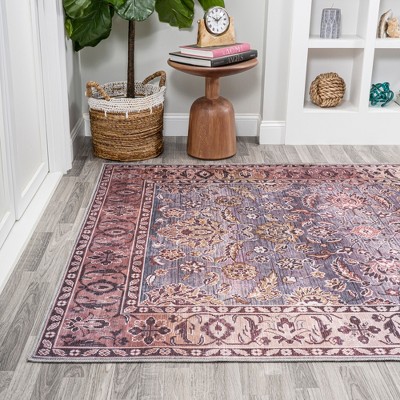 Gray and Plum Persian Floral Machine-Washable 4' x 6' Area Rug