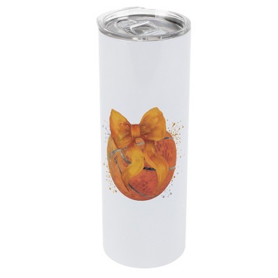 Elanze Designs 20 Ounce Stainless Steel On the Go Travel Tumbler With Push Top Lid, Basketball With Orange Bow