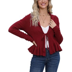 Coolmee Women Long Sleeve Peplum Cardigan Sweater Shawl Lapel Tie Front Sweater Outwear Coat - 1 of 4