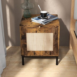 Nasitip Rattan Nightstand, Wooden Bedside Table with Rattan Door, Pull-Out Tray, Accent End Table for Living Room - 1 of 4