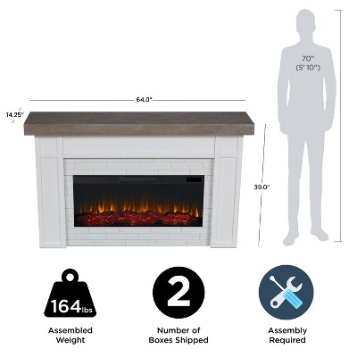 Cravenhall 64" White Faux Brick Electric Fireplace with Rustic Mantel