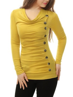 Allegra K Women's Cowl Neck Long Sleeves Buttons Decor Solid Ruched Top