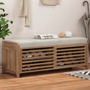 43.3" Shoe Cabinet Bench with Shutter-Style Slat Doors and Movable Cushion,Space-Saving Shoe Storage for Small Spacesand Entryways–The Pop Home - 1 of 4
