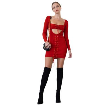 Slickblue Chic Knit Mini Dress with Cut-out Bustier, Lace Detail, Sexy Slim Fit for Night Out, Chili, M