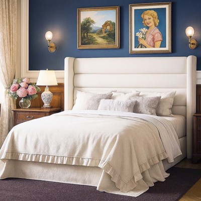 Velvet Upholstered Wingback Bed Frame, No Box Spring, Storage Space, Strong Slats, Easy Assembly